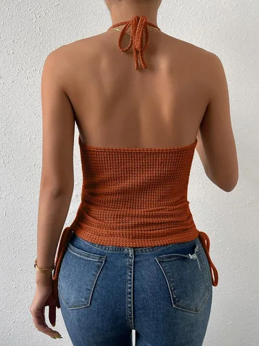 Miniatura 2 de SweatyRocks Camiseta sin mangas para mujer con lazo en la espalda, drapeada, con lazo lateral, fruncida