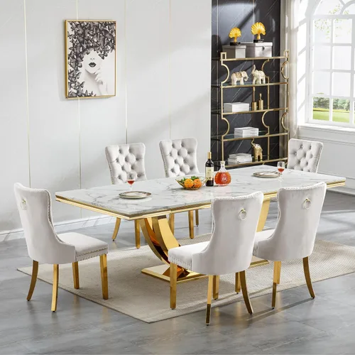 Miniatura 11 de Juego de mesa de comedor grande y moderna de mármol sintético blanco de 94.5 pulgadas, juego de mesa de comedor de 10 piezas con 10 sillas tapizadas