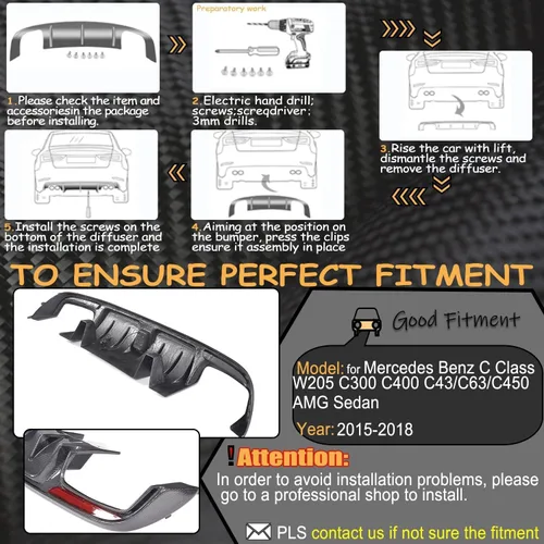 Miniatura 6 de W205 Difusor trasero de fibra de carbono para Mercedes Benz Clase C W205 C300 Sport 2015-2018 C43 C63 AMG Sedan Pre-Facelift parachoques inferior