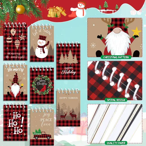 Miniatura 3 de Funrous 24 Piezas Mini Blocs de Notas en Espiral de Navidad, Tema Navideño de Cuadros Búfalo, Mini Bloc de Notas Pequeño con Patrón de Muñeco