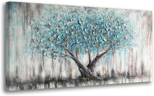Arjun Lienzo artístico para pared de árbol de la vida para sala de estar, pintura de árbol azul y verde azulado, 50% pintada a mano, imagen
