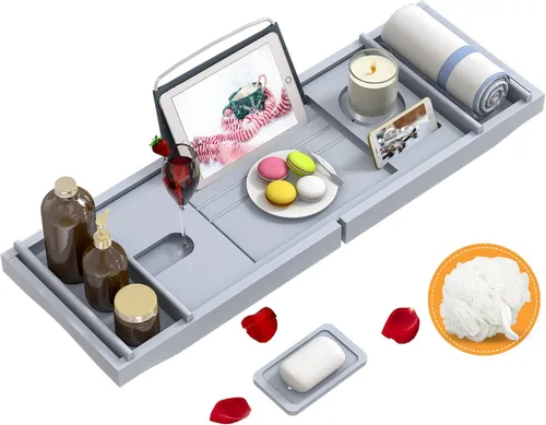 Miniatura 8 de Domax - Bandeja para tina de bambú extensible para baño de lujo, con soporte para libros y jabonera separada, color negro