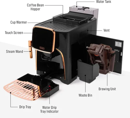 Miniatura 8 de Zulay Kitchen Magia - Máquina automática de café expreso, clásica, cobre negro, cafetera súper automática con molinillo integrado, varita de vapor