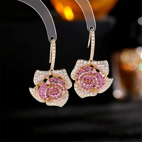 Miniatura 5 de Huggie CZ Flower Dangle Stud Earrings for Women Girls with Charms Fashion Luxury Pave Rhinestone Filigree Camellia Rose Dainty Crystal Drop Dangling