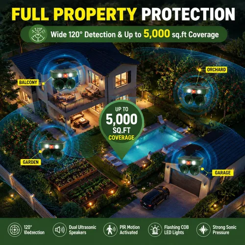 Miniatura 5 de Dispositivos solares repelentes de pájaros 2026 para exteriores con altavoces duales, disuasorio de palomas para balcón, patio, piscina, jardín