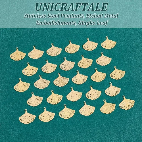 Miniatura 5 de UNICRAFTALE 30 dijes de hoja chapados en oro de 18 quilates, de acero inoxidable, dijes de ginkgo, colgantes de hojas de otoño, aretes colgantes