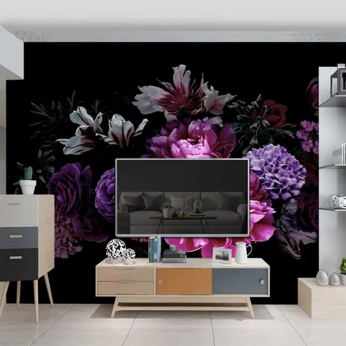 Miniatura 3 de Papel tapiz floral de peonía negra para dormitorio, flores botánicas moradas, hojas murales para sala de estar, fondo de TV, mural grande