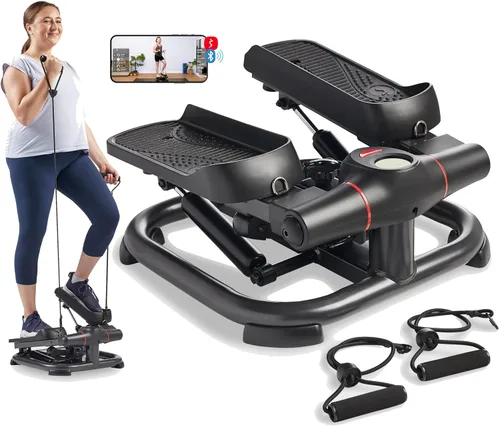 Sunny Health & Fitness 2-in-1 Power Stepper, 400 lb Weight Capacity, Resistance Bands, Height-Adjustable, Low-Impact Cardio, Bluetooth + SunnyFit