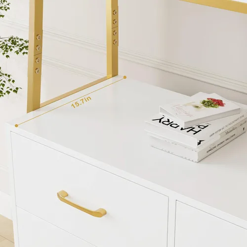 Miniatura 7 de HITHOS Estantería Alta de 69", Estantería Blanco Dorado de 4 Niveles con Cajones de Madera y Estantes de Escalera, Gabinete de Almacenamiento