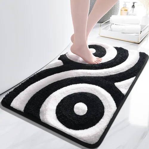 QJHOMO Alfombras de Baño Lindas en Blanco y Negro Antideslizantes Tapete de Baño Decoración de Baño Moderna Estética, Alfombra de Baño Geométrica a