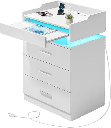 Miniatura 8 de HAUOMS Mesita de noche grande con estación de carga y luz LED, mesa auxiliar con 3 cajones y estante extraíble, mesita de noche con puertos USB