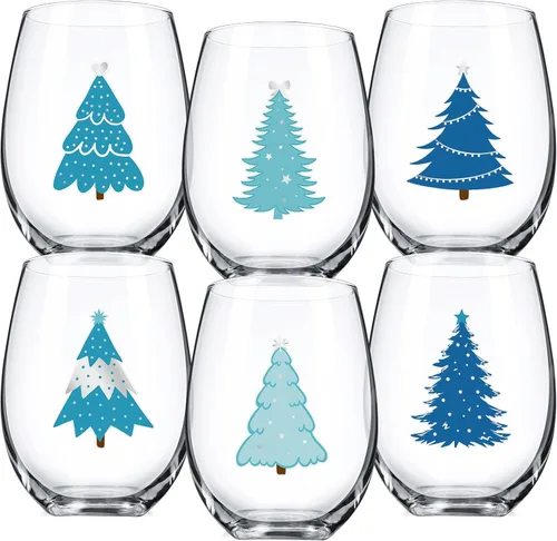 Umigy Juego de 6 copas de vino sin tallo de invierno, 12 onzas, vasos de vino de invierno, divertidos vasos de copa para reuniones festivas (árbol
