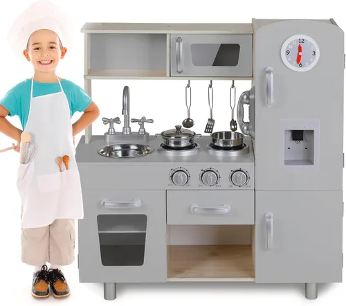 Clevich Juego de cocina de madera para niños, niños pequeños, cocina vertical con teléfono, estufa, horno, fregadero, microondas, para preescolares,