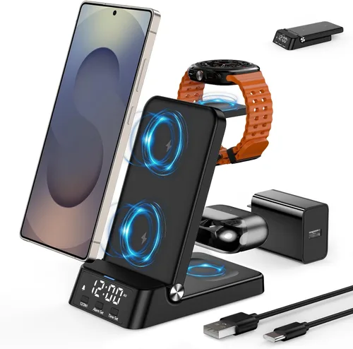 Cargador inalámbrico con reloj despertador para Samsung, estación de carga plegable 4 en 1 para Galaxy Watch 8/7/Ultra/Classic/FE/6, Galaxy