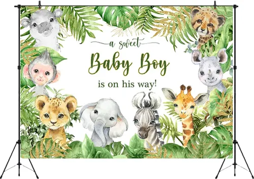 Miniatura 8 de Telón de fondo de 7 x 5 pies con diseño de animales de safari de la selva para baby shower, baby shower, para bebé, niño está en camino, es un niño