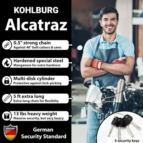 Miniatura 3 de KOHLBURG Cerradura de cadena de seguridad para motocicleta de 13 libras, 5 pies de largo con nuestro nivel de seguridad alemán más alto 15plus