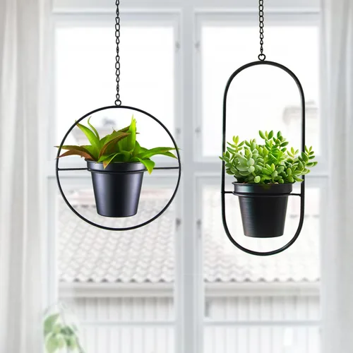 Miniatura 5 de Juego de 2 macetas colgantes modernas de metal, colgantes geométricos redondos y ovalados con macetas de 5 pulgadas, soportes negros para pared