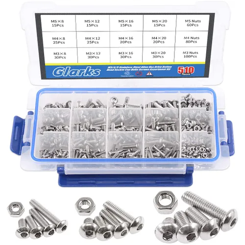 Miniatura 11 de Glarks 510 piezas M3 M4 M5 Juego surtido de tornillos de cabeza avellanada con agujero hexagonal para llave Allen y tuercas de acero de aleación
