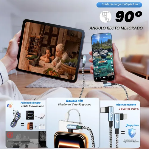 Miniatura 2 de Cargador de teléfono de 90 grados, cable de carga múltiple 4 en 2, cable USB C CarPlay con doble tipo C, micro USB, puerto IP, cable USBC de nailon
