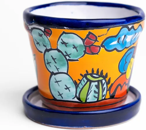 Miniatura 2 de Talavera - Macetas de cerámica mexicana con platillo Rancherito de 4 pulgadas - Cactus - Maceta de cerámica pintada a mano para interiores