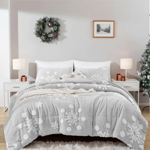 Miniatura 12 de JANZAA - Juego de ropa de cama navideña tamaño matrimonial, juego de edredón de terciopelo color esmeralda con copos de nieve blancos
