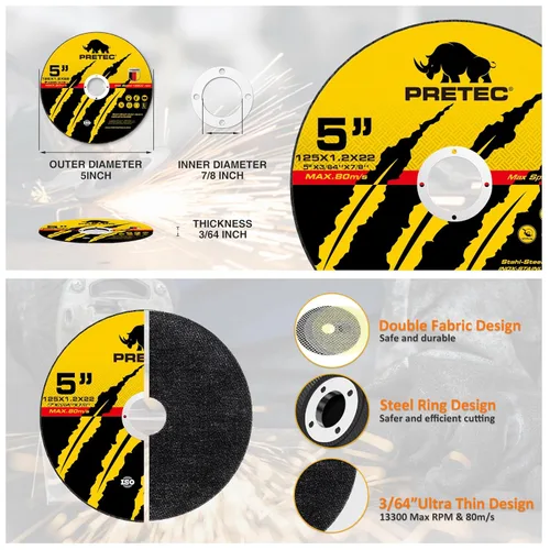 Miniatura 6 de Ruedas de corte de 5", PRETEC 50+5 Pack de rueda de corte de metal, discos de corte rápido delgados de 125mm de metal y acero inoxidable