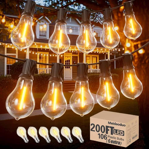 Miniatura 9 de Cadena de luces LED G40 de 50 pies para exteriores, luces de patio, conectables, impermeables, 27 bombillas inastillables (2 extra), 25 luces Negro