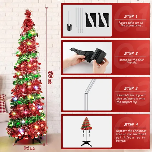 Miniatura 2 de Árbol de Navidad plegable de lentejuelas de 5 pies con 90 luces LED, árbol de Navidad de oropel delgado con soporte para apartamentos Rojo y verde