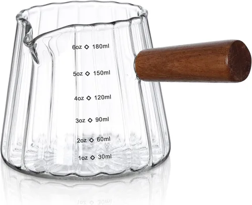Miniatura 7 de Joeyan 4 onzas Gris Jarra medidora de triple boquilla con asa de madera, taza medidora de vidrio de borosilicato estriado de alta calidad, vasos