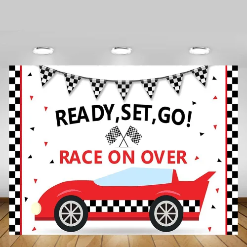 Miniatura 5 de MEHOFOND Telón de fondo de fiesta de cumpleaños de coche de carreras, accesorios para niños, enciende tus motores, carreras sobre negro y rojo