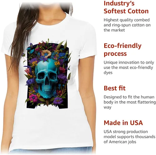 Miniatura 5 de Camiseta de corte ajustado con estampado de flores - Camiseta de calavera para mujer - Camiseta de ajuste delgado