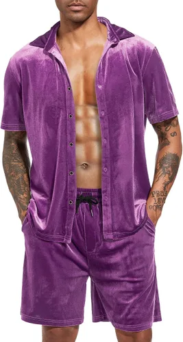 Miniatura 6 de LecGee Conjunto de pantalones cortos casuales de verano para hombre, camisa de terciopelo de manga corta con botones, pantalones cortos de cintura