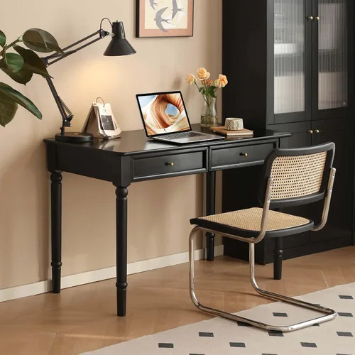 YESWOOD Escritorio de madera maciza con cajones dobles, escritorio vintage de goma, escritorio negro para computadora con patas talladas para