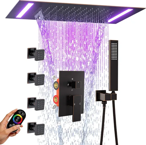 Miniatura 12 de ENGA Sistema de cabezal de ducha de lluvia doble, 2 en 1 funciones de montaje en techo, cabezal de ducha LED de 14 x 20 pulgadas con cabezal de Oro