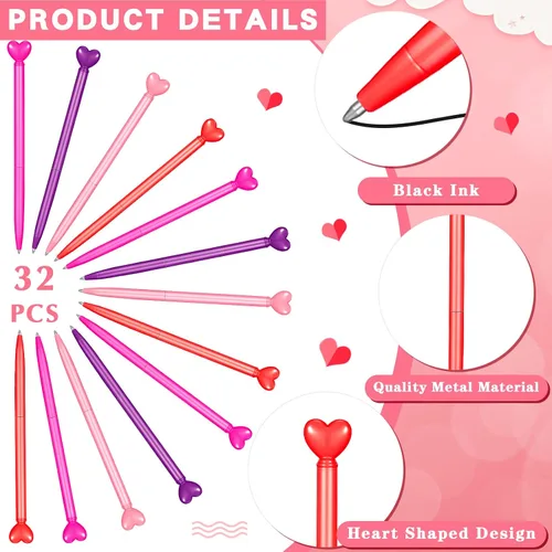 Miniatura 2 de Fuutreo 32 bolígrafos retráctiles con forma de corazón para el día de San Valentín, bolígrafo de metal con tinta negra, recuerdo de fiesta