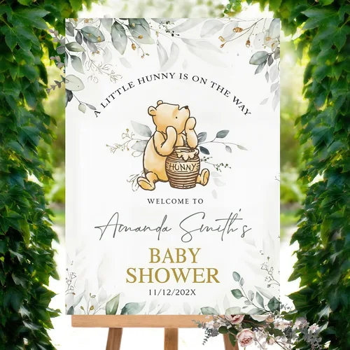Miniatura 16 de Letrero personalizado para baby shower de oso Pooh, diseño clásico de vegetación personalizada, letrero de bienvenida para patio de baby shower