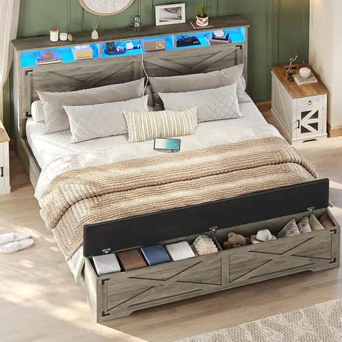 Miniatura 7 de Hasuit - Marco de cama tamaño Queen con otomana de almacenamiento, marco de cama estilo granja con estación de carga y luz LED, cabecera con estante