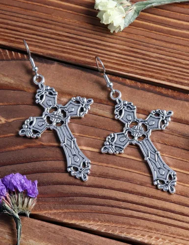 Miniatura 4 de Aretes de cruz gótica para mujer, aretes góticos negros, aretes góticos, aretes punk vintage, aretes colgantes de cruz de plata, joyería gótica