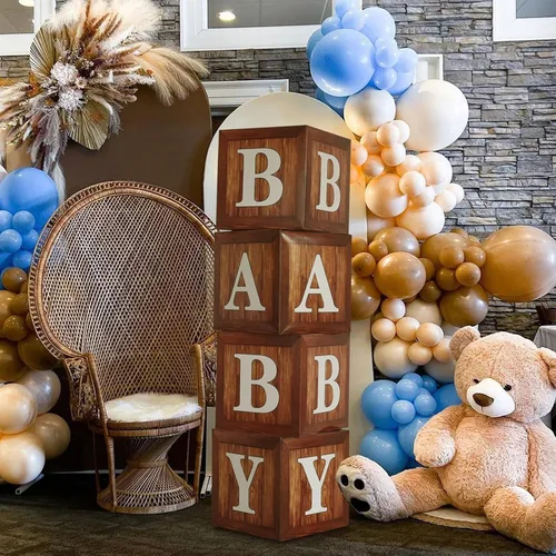 Miniatura 4 de Cajas de exhibición para baby shower con impresión de veta de madera para decoraciones de fiesta, telón de fondo neutro para fiesta de revelación