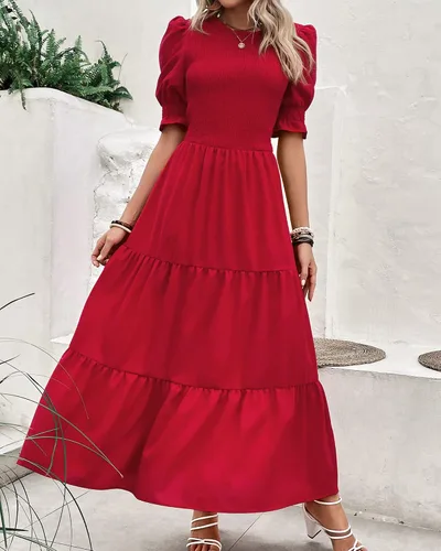Miniatura 56 de BTFBM Vestidos para mujer, cuello redondo, casual, de verano, con volantes, manga corta, bohemio, con niveles, fruncido, largo, con estampado floral