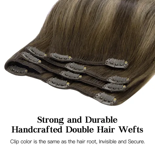 Miniatura 5 de HOTBANANA - Extensiones de cabello humano con pinzas, balayage, color castaño chocolate con rubio miel, 4.23 onzas, cabello humano real, lacio