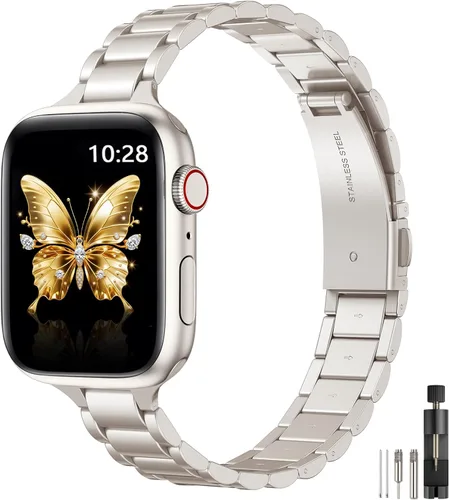 Miniatura 9 de WFEAGL Correas delgadas de metal compatibles con Apple Watch de 1.65, 1.57, 1.5, 1.46 pulgadas (Series 11 10) para mujeres, pulseras delgadas