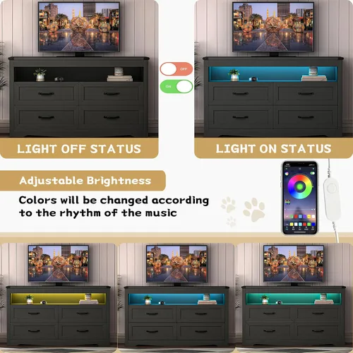 Miniatura 5 de Cómoda negra para dormitorio con 4 cajones, cómoda negra y cómoda, cajones de almacenamiento anchos de madera moderna con luces LED para armario