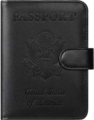 Miniatura 22 de Funda para pasaporte, cartera con bloqueo RFID, funda de piel para tarjetas, accesorios de viaje para mujeres y hombres, negro