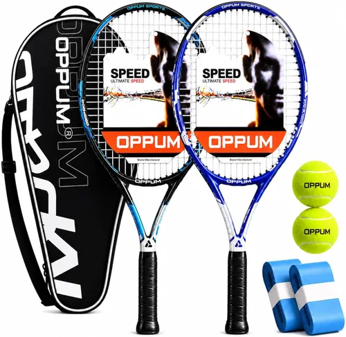 Raquetas de tenis OPPUM PRO-500 para adultos, paquete de 2 raquetas preencordadas para principiantes e intermedios con bolsa de transporte y 2