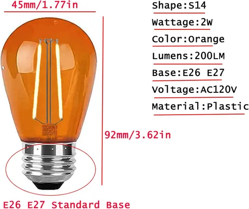 Miniatura 2 de Paquete de 15 bombillas LED S14 naranja, base E26 inastillable de plástico de 2 W, luz nocturna para cadena de luces, bombilla vintage impermeable