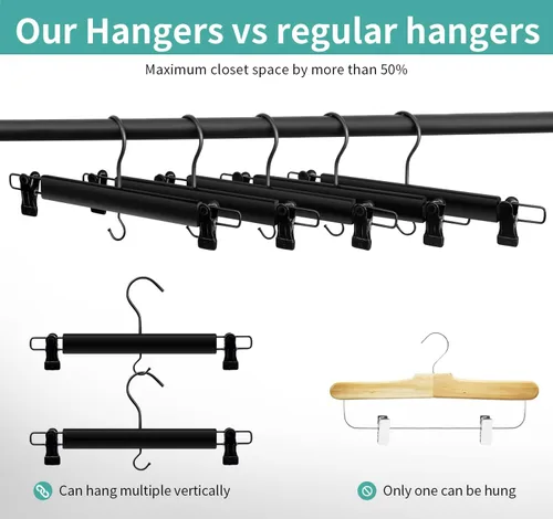 Miniatura 3 de Perchas de madera negra para pantalones y faldas, paquete de 10, gancho recubierto de reducción de ruido de alta calidad, clips duraderos de agarre