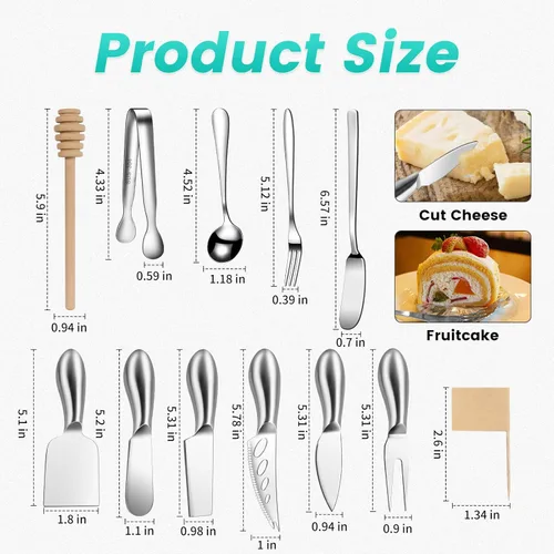 Miniatura 2 de Juego de cuchillos de queso plateado para accesorios de tabla de charcutería, cortador de queso de acero inoxidable y cuchillos esparcidores