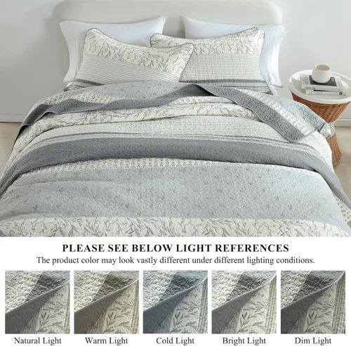 Miniatura 7 de Juego de cama tamaño queen con colcha gris y blanca, diseño floral vintage de granja, fundas a juego, 3 piezas, 100% algodón, colcha ligera