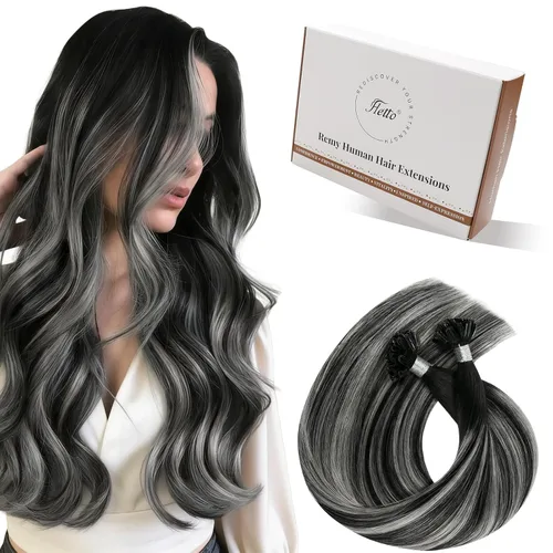 Miniatura 52 de Hetto Extensiones de cabello humano con nano cuentas, balayage, extensiones de cabello humano, color negro degradado a plateado, extensiones